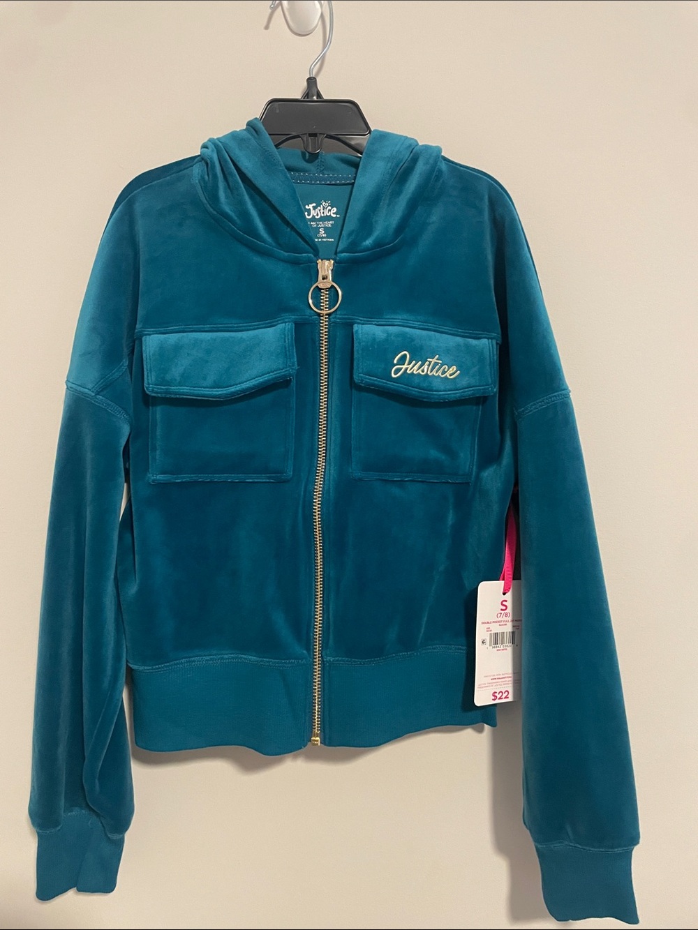 Justice Teal Velour Zip Front Hoodie Jacket